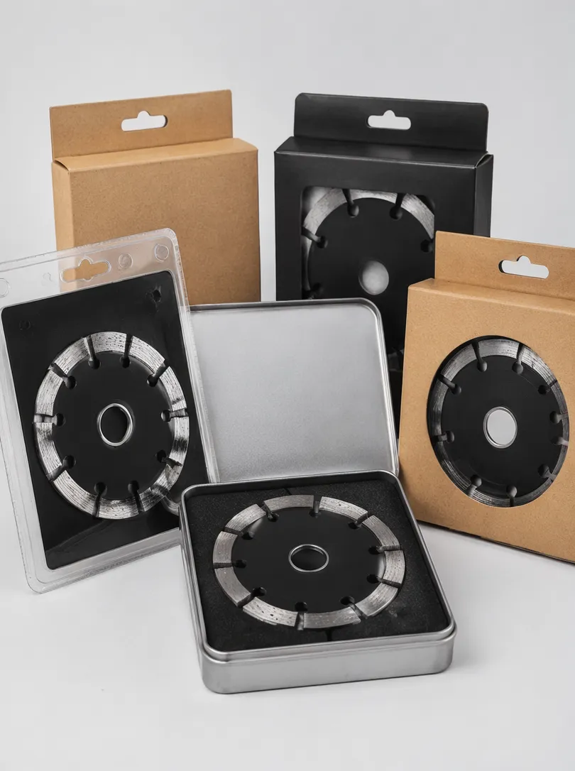 Custom packaging options for OEM segmented diamond blades including blister packs, tin boxes, and branded cartons