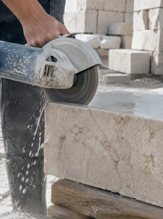 Diamond cutting disc in use on natural limestone block