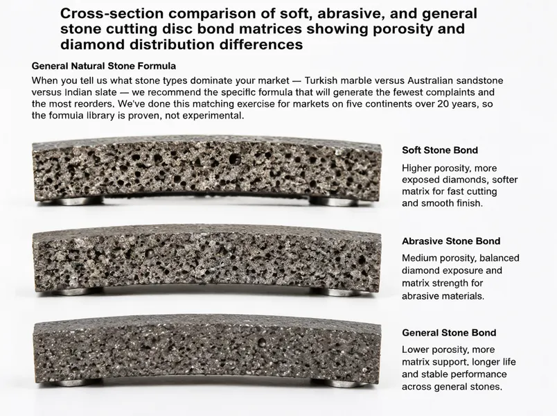 Cross-section comparison of soft, abrasive, and general stone cutting disc bond matrices showing porosity and diamond distribution differences