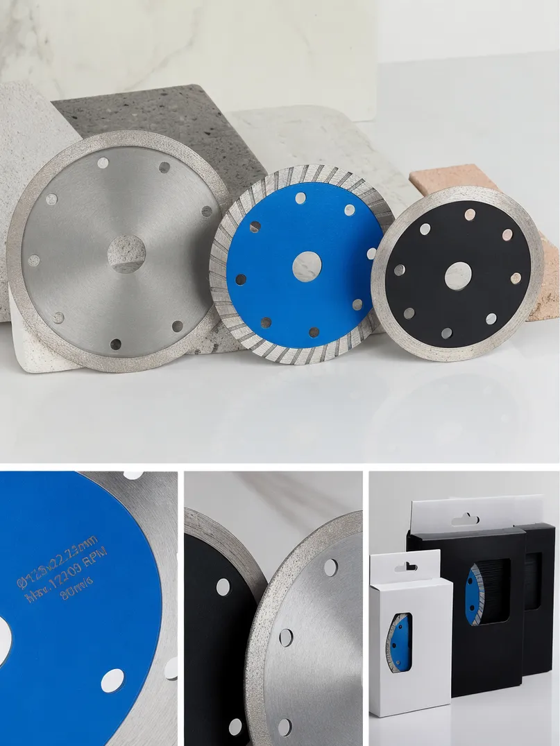 Custom branded thin diamond cutting discs showing laser etching, colored cores, and OEM packaging options