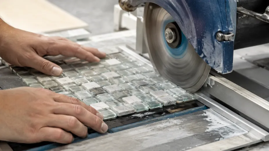 Thin kerf diamond blade cutting glass mosaic tile