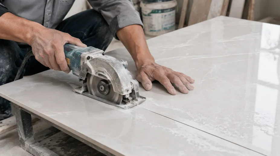Chip-free cut on large-format porcelain tile with thin diamond blade