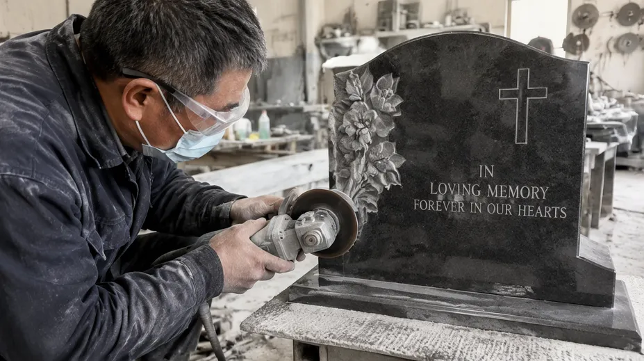 Monument maker using thin diamond blade for precision stone lettering