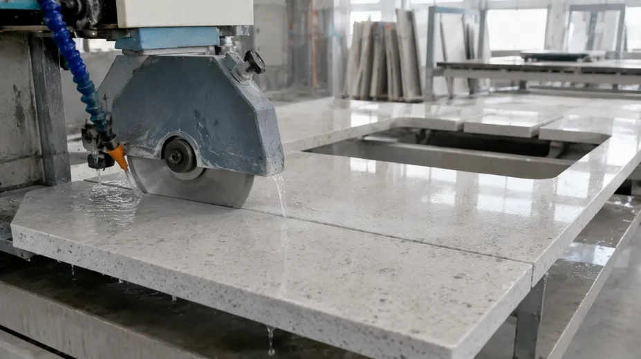 Thin diamond blade cutting engineered quartz countertop slab