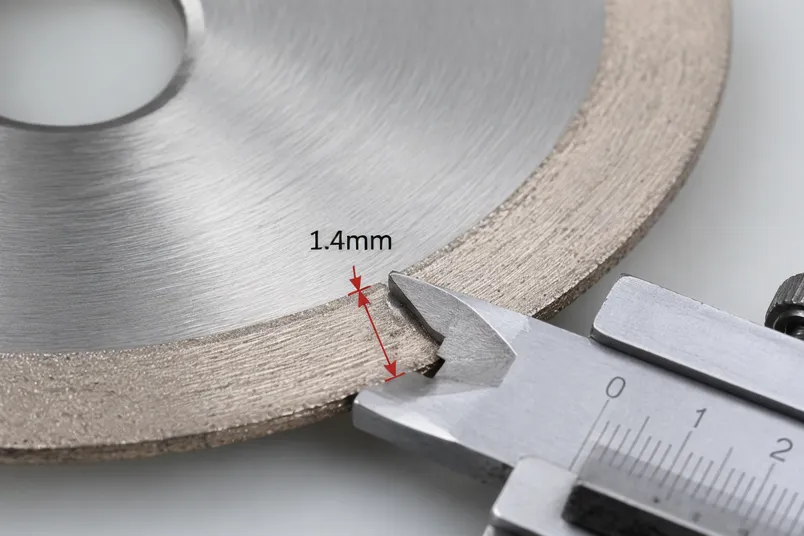Close-up of thin diamond cutting disc segment showing 1.4mm kerf width