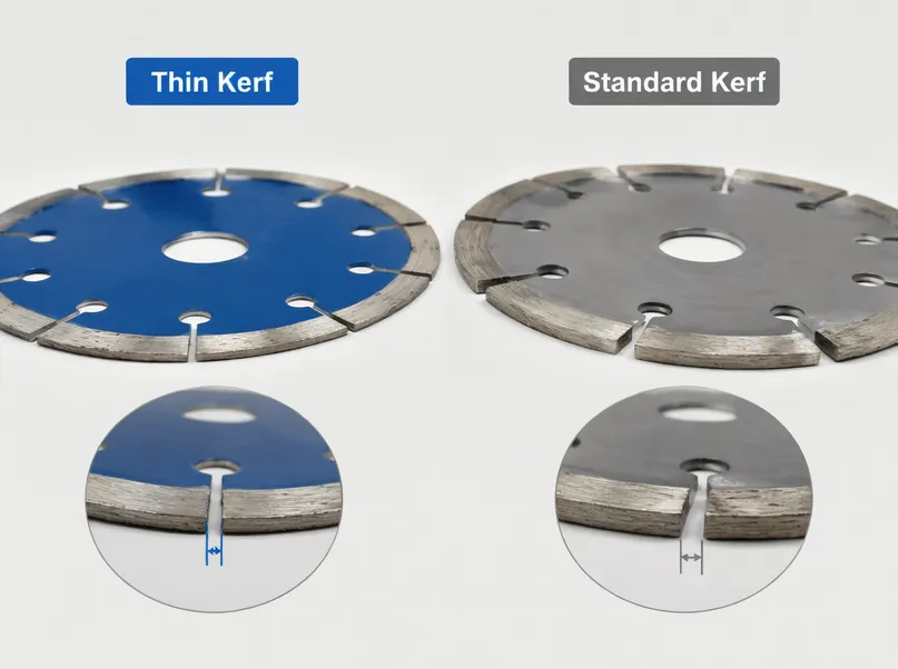 Side-by-side comparison of thin kerf and standard kerf diamond cutting discs showing segment thickness difference