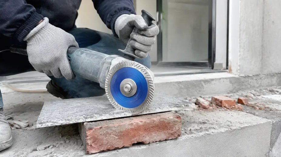 Construction contractor using turbo diamond cutting disc on mixed materials at renovation site