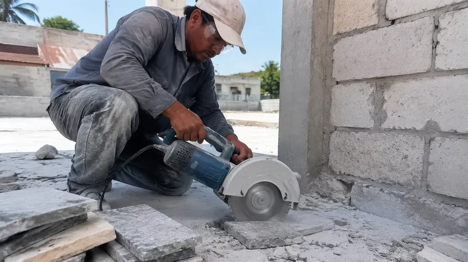 Multi-trade contractor in emerging market cutting concrete and stone with turbo diamond blade