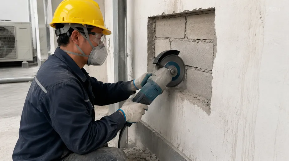 Building maintenance team cutting masonry for HVAC penetration using turbo diamond disc