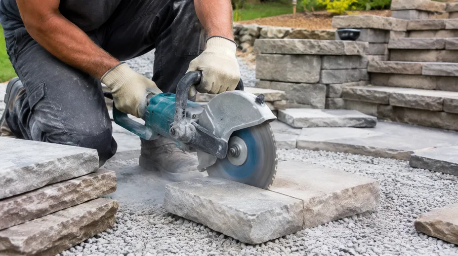 Landscaping crew cutting natural stone pavers with turbo diamond disc for hardscape installation