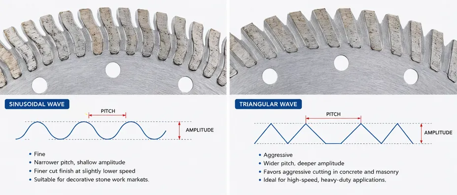 Comparison of turbo diamond disc serration geometry — sinusoidal vs triangular wave profiles