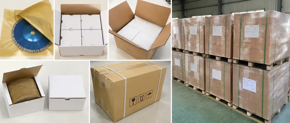Export packaging configuration for turbo diamond cutting discs showing VCI wrap, inner boxes, reinforced cartons, and palletized freight-ready stacking