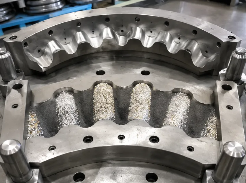 Two-stage pressing process for turbo diamond segment manufacturing showing diamond-metal powder distribution in wave-profile mold