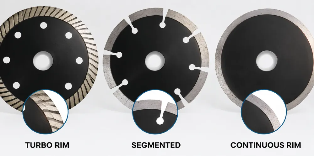 Side-by-side comparison of turbo rim, segmented, and continuous rim diamond cutting disc profiles showing rim geometry differences