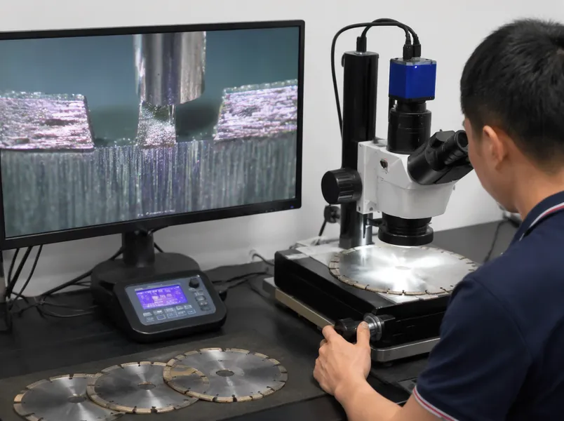 Diamond retention shear test on vacuum brazed blade sample under microscope