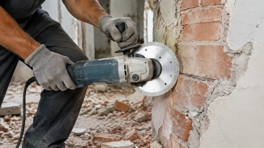 Demolition contractor using vacuum brazed blade on angle grinder cutting through brick and mortar