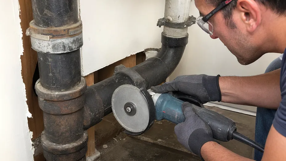 Plumber cutting cast iron drain pipe with vacuum brazed diamond blade in tight retrofit space