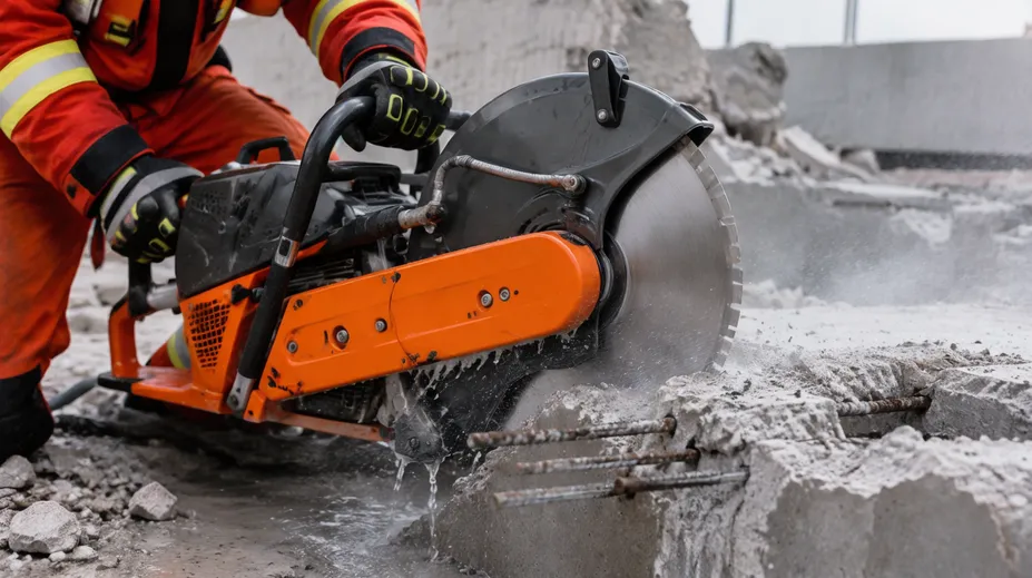 Rescue saw K12 cut-off machine equipped with vacuum brazed diamond blade cutting through concrete and rebar