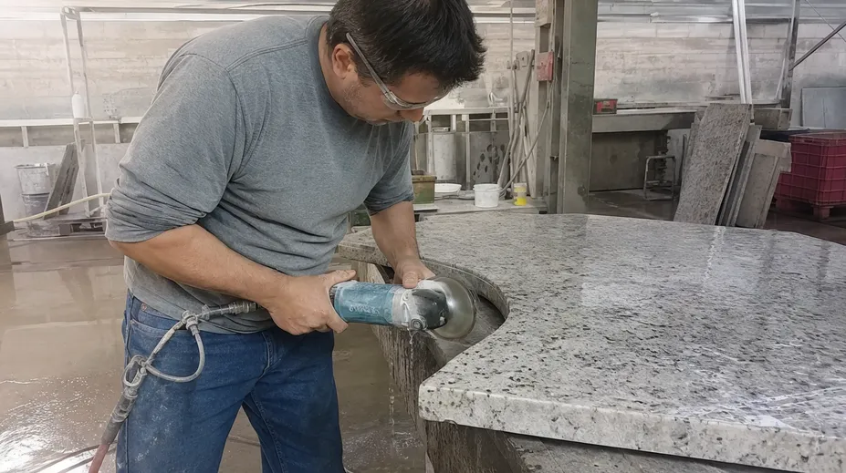 Stone fabricator using brazed blade on angle grinder for curved cuts in granite slab