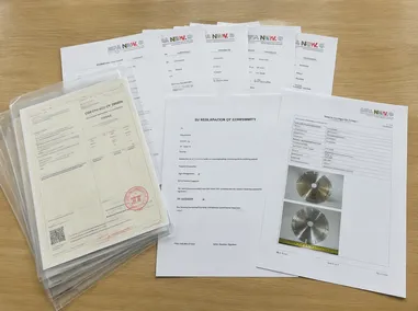 CLSEG wall chaser blade compliance documentation package including certificates of origin and MPA test reports
