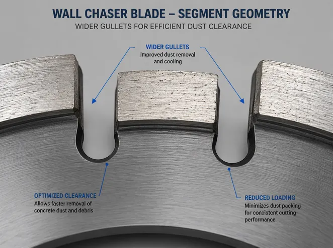 Close-up of wall chaser blade segment geometry showing wider gullets for dust clearance