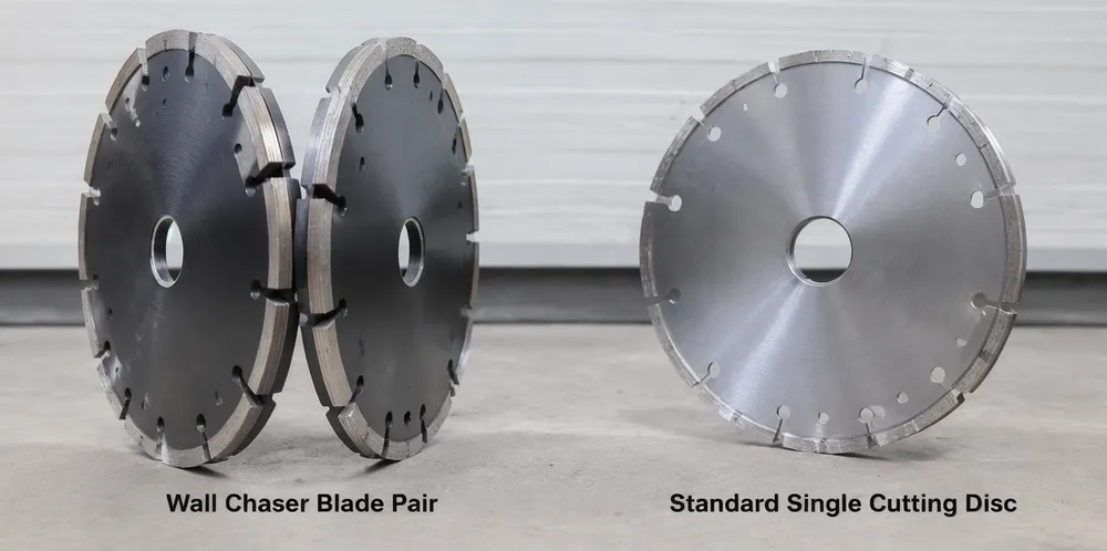 Side-by-side comparison of wall chaser blade pair versus a standard single cutting disc showing structural differences in core thickness and segment design