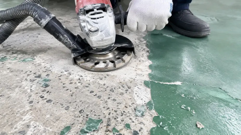Arrow-segment cup wheel removing epoxy coating from concrete surface