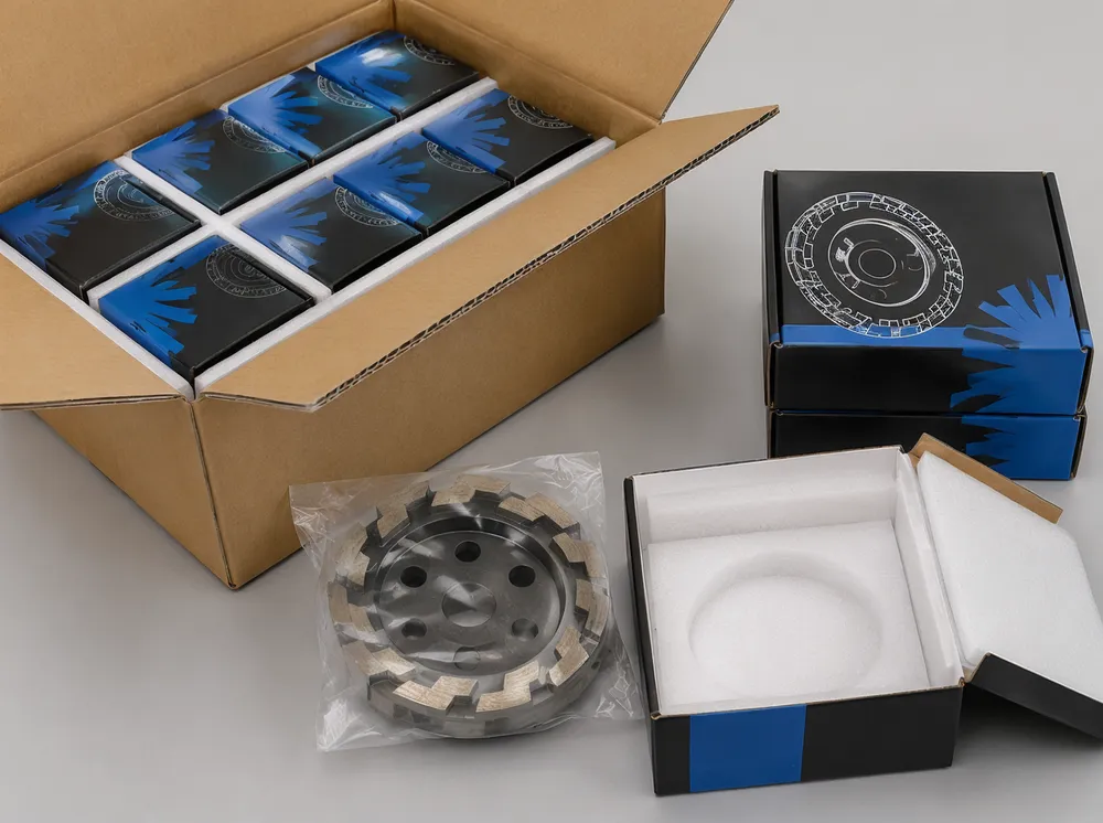 Diamond cup grinding wheel export packaging with branded color boxes and foam separators