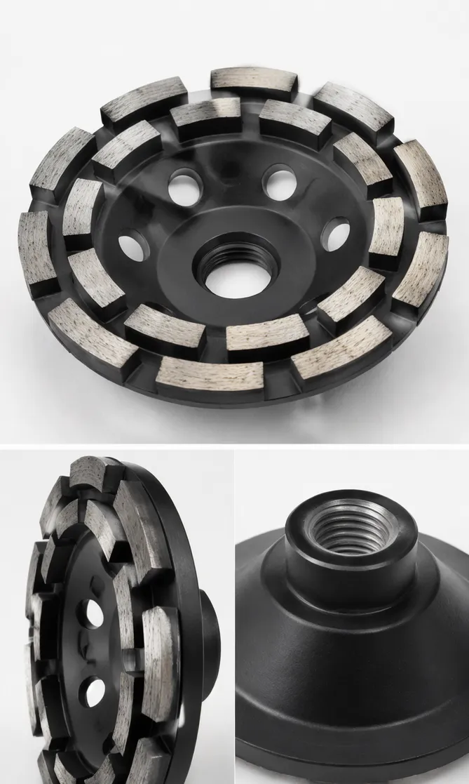 Diamond cup grinding wheel showing segment configuration and thread connection detail