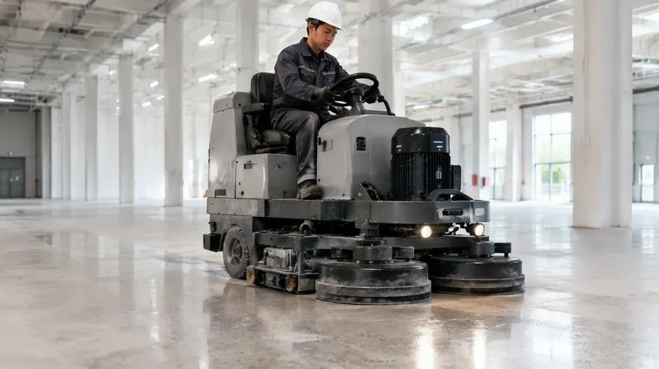 Commercial concrete polishing contractor using 250mm diamond grinding discs on ride-on floor grinder