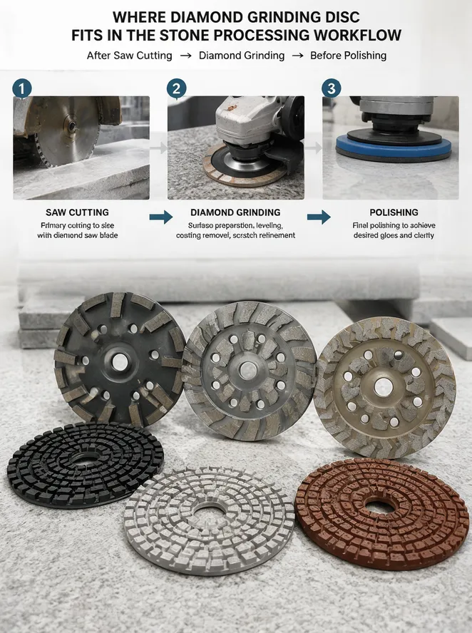 Diamond grinding disc positioned in the stone processing workflow — after saw cutting, before polishing