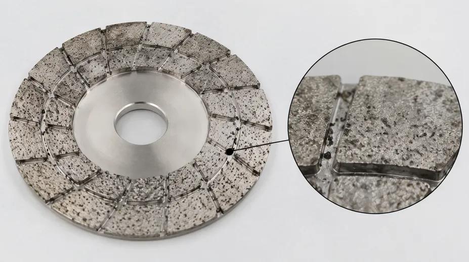 Metal-bonded diamond grinding disc showing sintered metal matrix segments