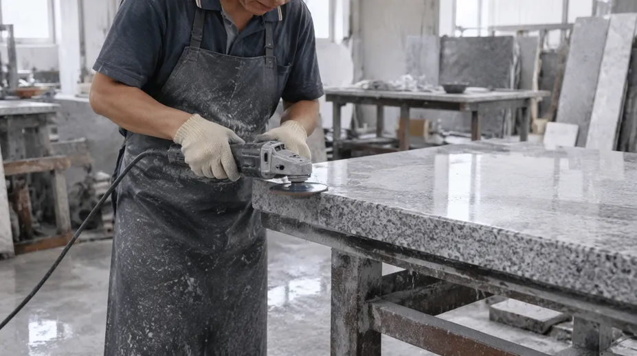 Stone countertop fabrication shop using diamond grinding discs on granite edge prep