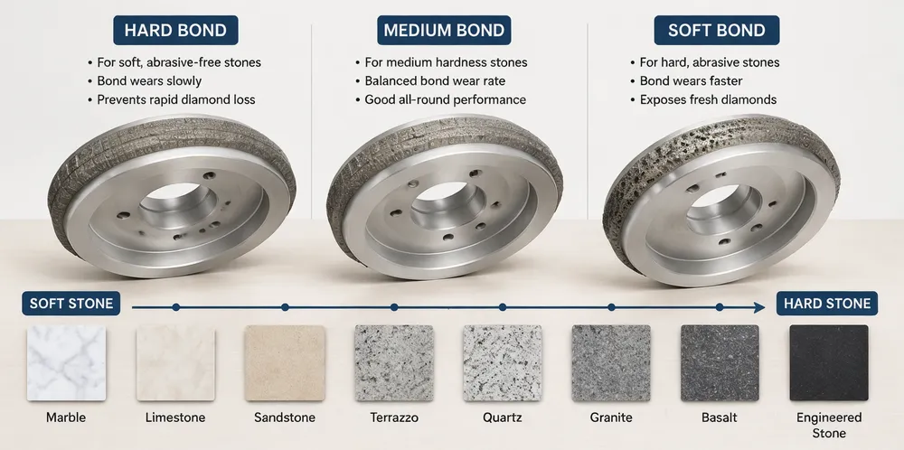 Diamond grinding wheel bond hardness grades — soft, medium, and hard bond comparison for different stone types