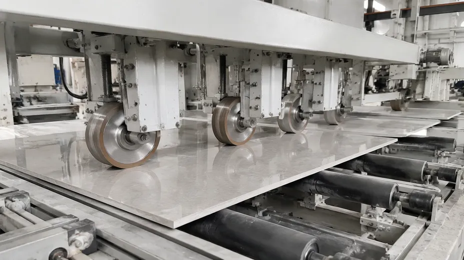 Large format ceramic tile production line using diamond grinding wheels for edge calibration