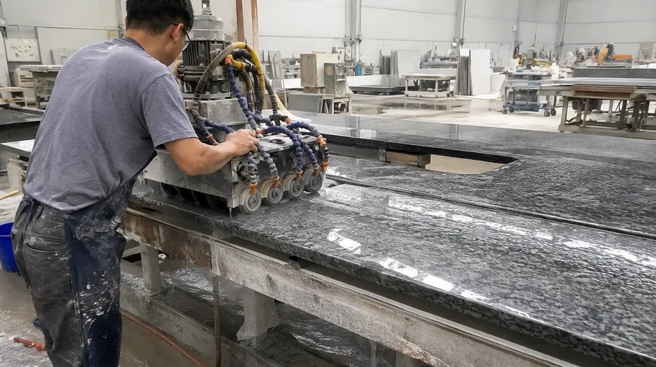 Stone countertop fabrication shop processing granite slabs with diamond grinding wheels
