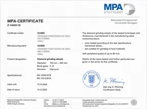 CLSEG MPA certification document for diamond grinding wheels