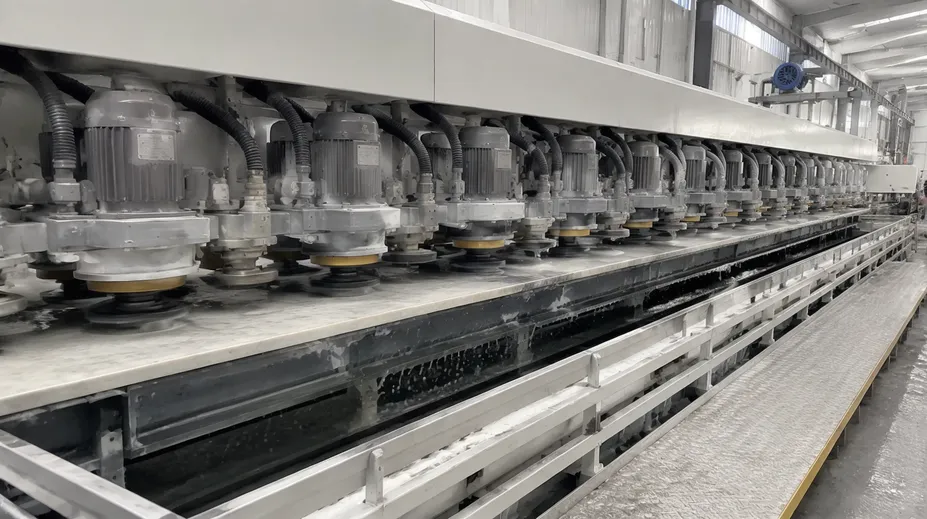 Slab calibration production line with multiple grinding wheel positions running simultaneously