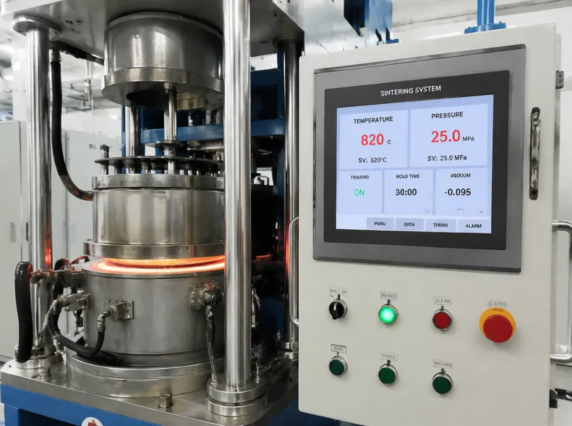 Metal bond sintering process for diamond grinding tools showing calibrated temperature and pressure control