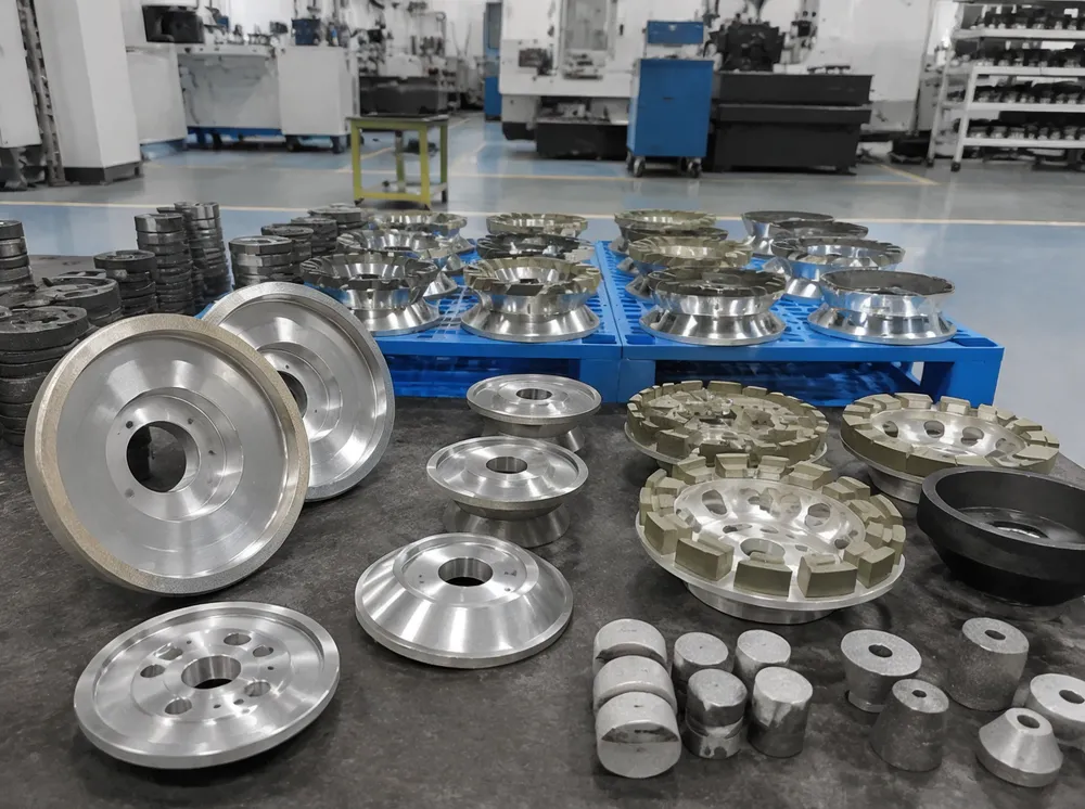 Diamond grinding tools manufactured by CLSEG — grinding wheels, cup wheels, and surface tools displayed on factory floor