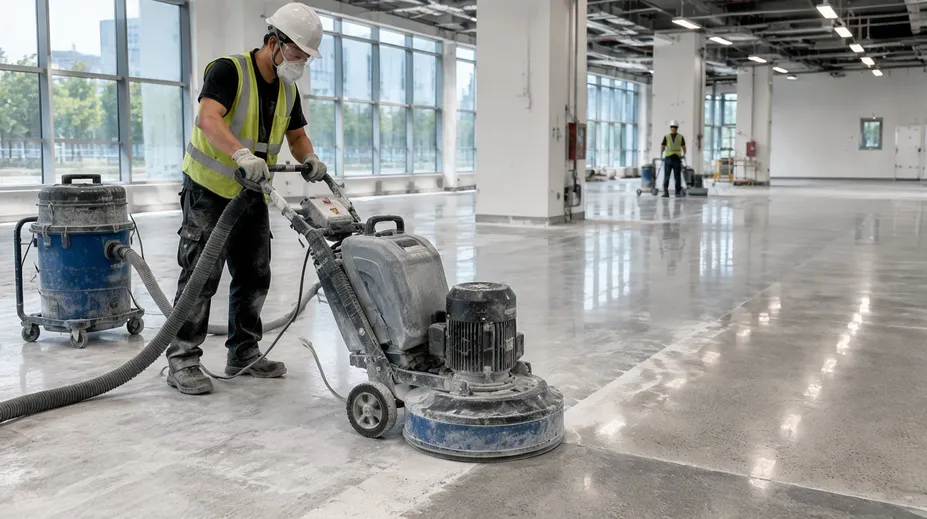 Floor grinding contractor using diamond cup wheels on commercial concrete floor