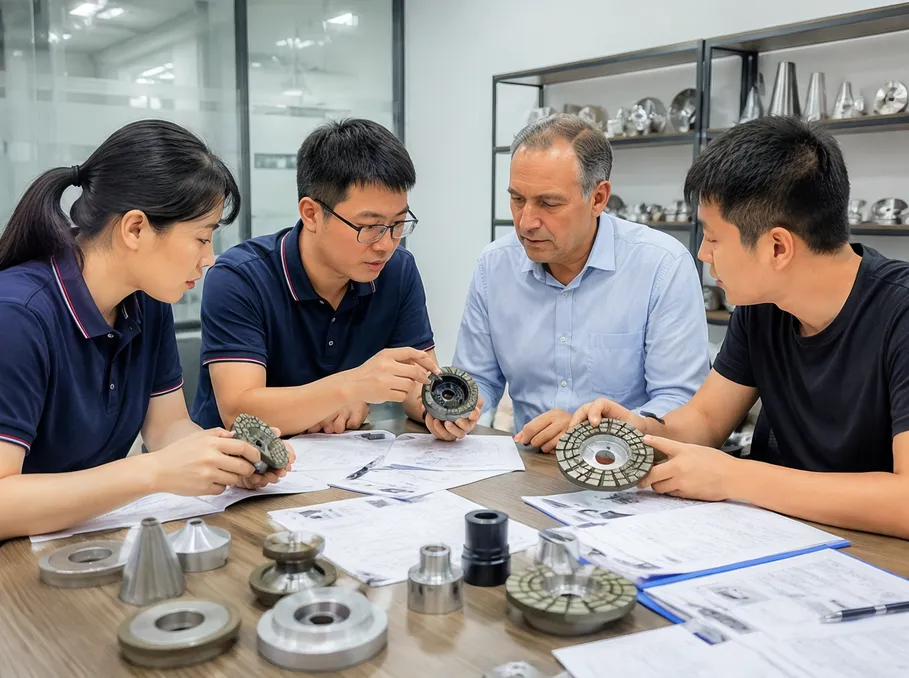 CLSEG factory team reviewing diamond grinding tool specifications with client samples