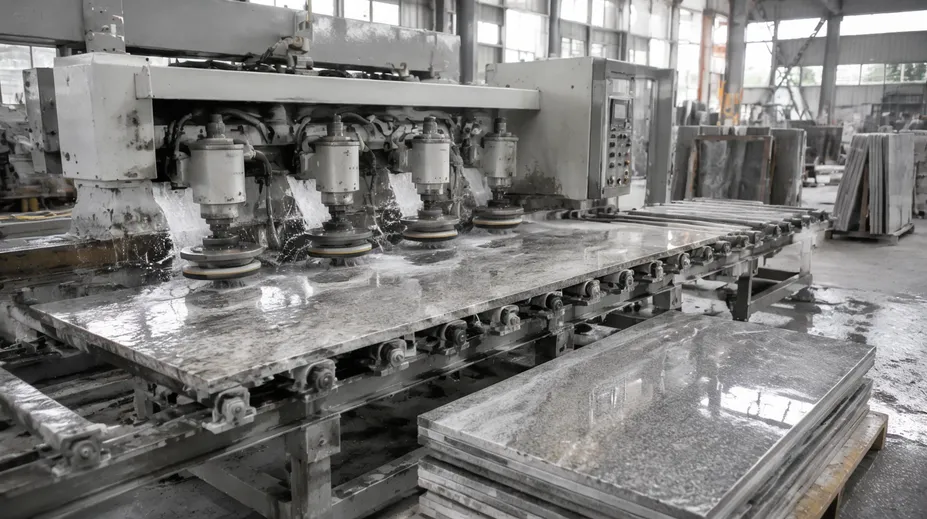 Stone fabrication shop using diamond grinding wheels for slab calibration and edge shaping