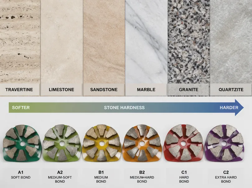 Diamond bond formula matched to different stone types showing hardness variations