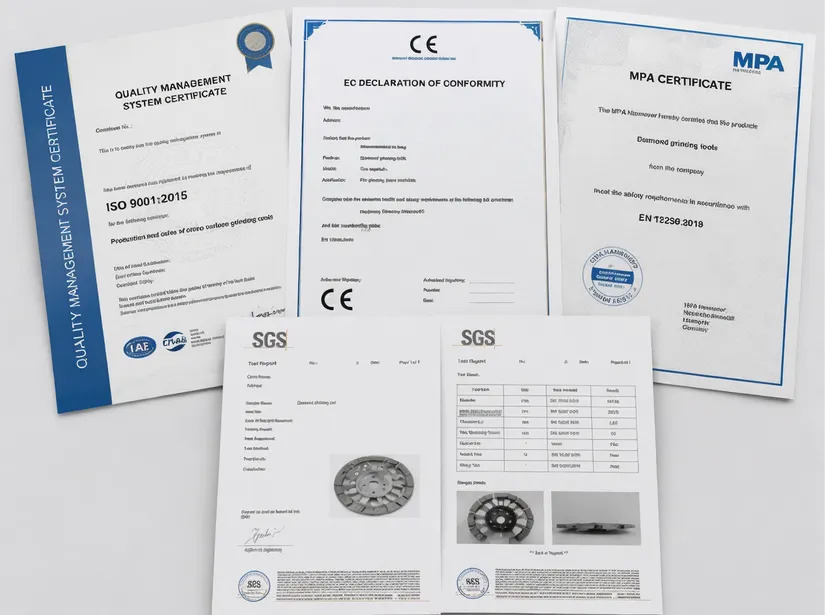 CLSEG certification documents including ISO 9001, CE marking, MPA certification, and SGS test reports for stone surface grinding tools