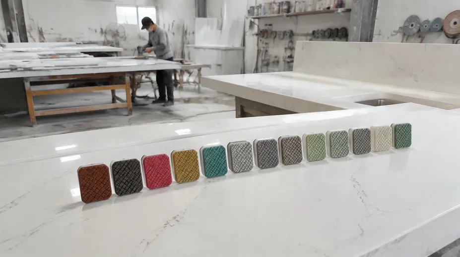 Countertop fabrication shop with full grit sequence Frankfurt abrasives for kitchen and bath installations