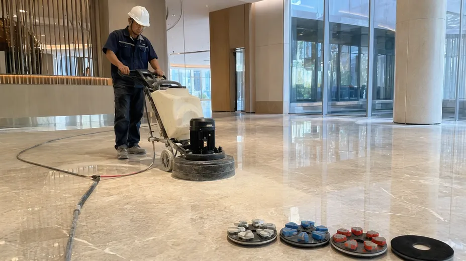 Floor restoration contractor using Frankfurt-format tools on walk-behind polishing machine for commercial stone floors