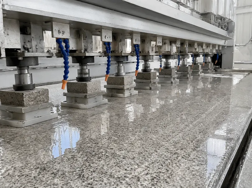Frankfurt abrasives mounted on multi-head polishing machine for stone surface calibration