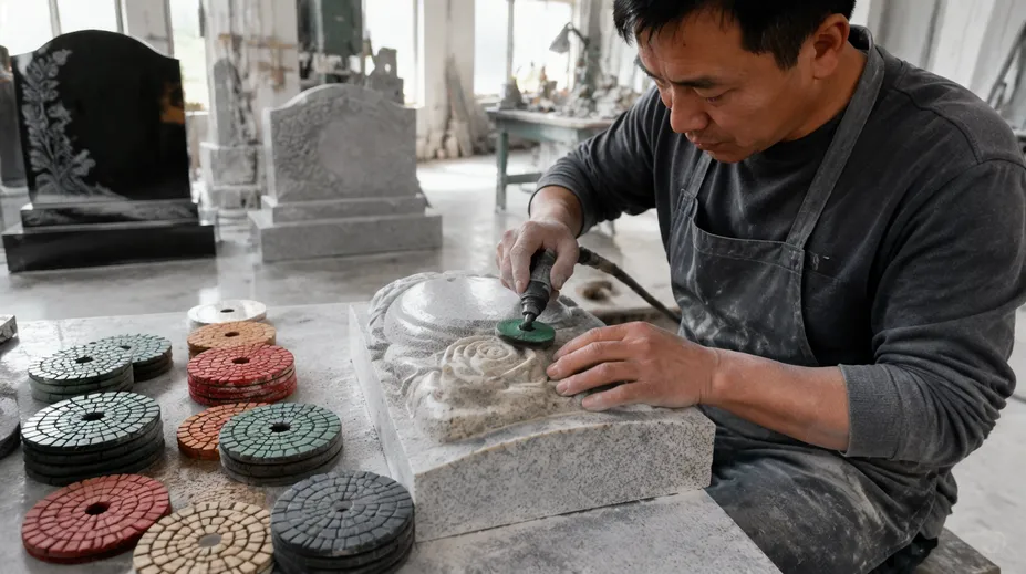 Monument workshop with hand-held resin pads for stone carving and memorial markers