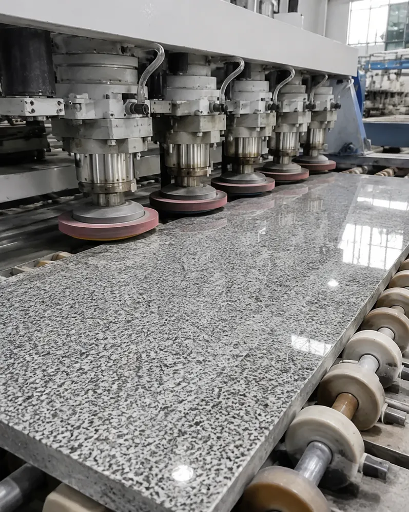 Stone surface grinding tool in operation on automated production line showing polished stone surface result